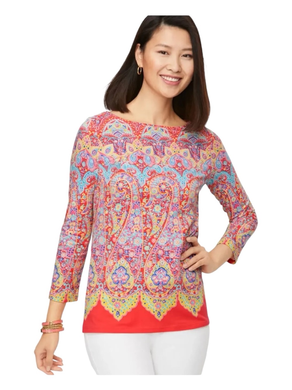 Talbots Medallion Paisley Bateau Neck Tee 3/4 Sleeve T Shirt Top SP Small Petite